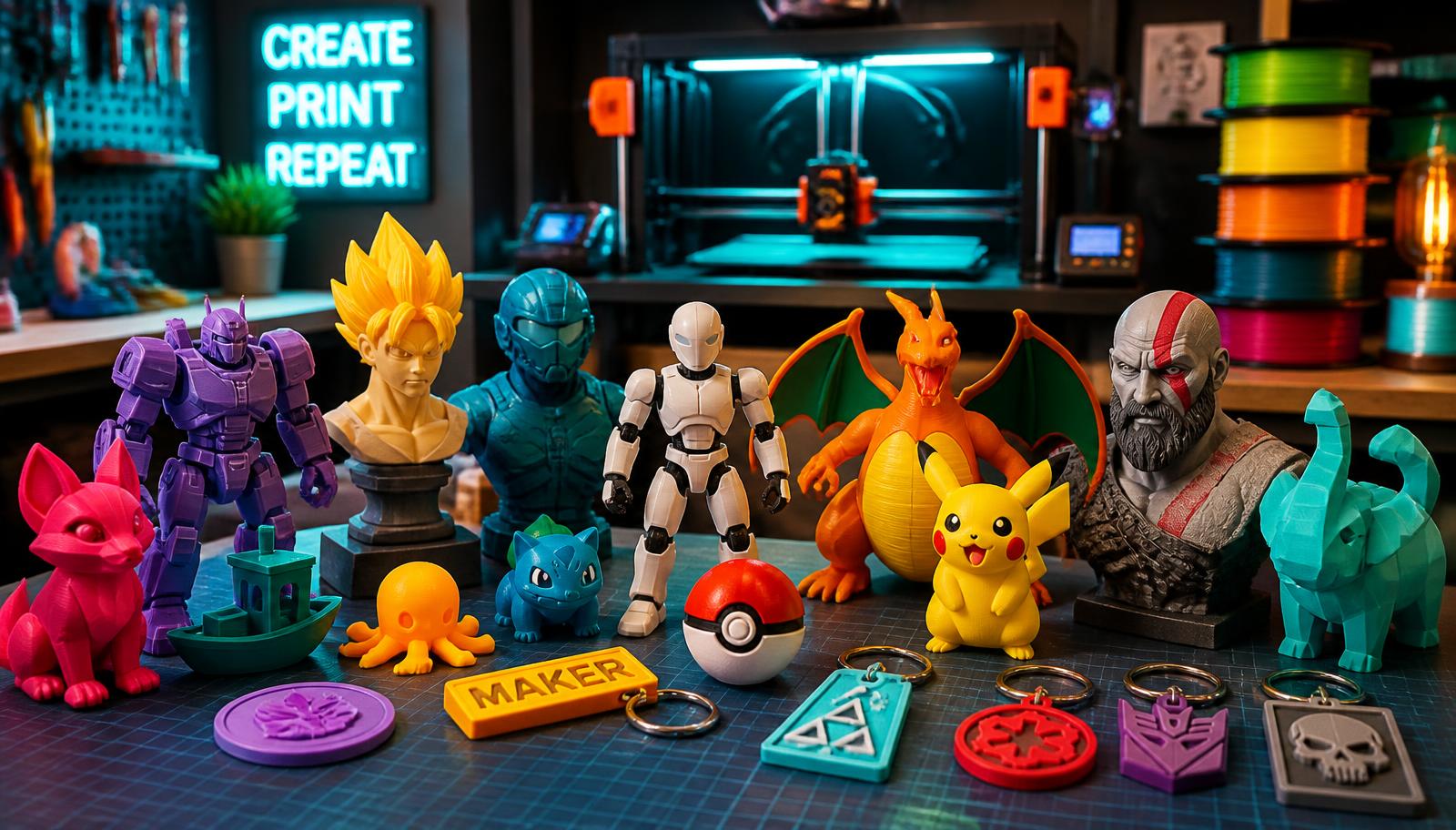 Peças impressas em 3D coloridas sobre a bancada do MyMaker Studio 3D